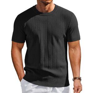 Men's Black Short Sleeve Knit Casual Crewneck Ribbed Dress Tee T-shirts